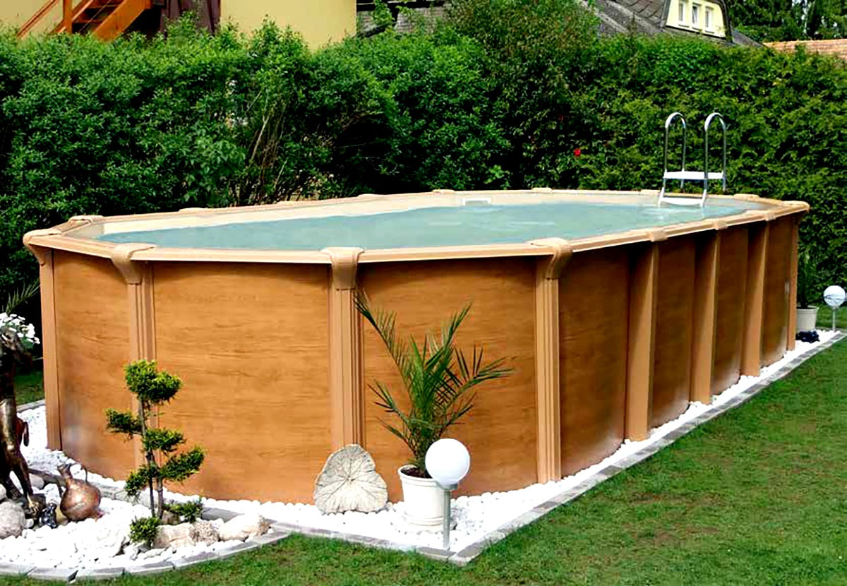 Pool 6,10 x 3,60 x 1,35m Holzdekor Stahlwand Schwimmbecken breiter Handlauf