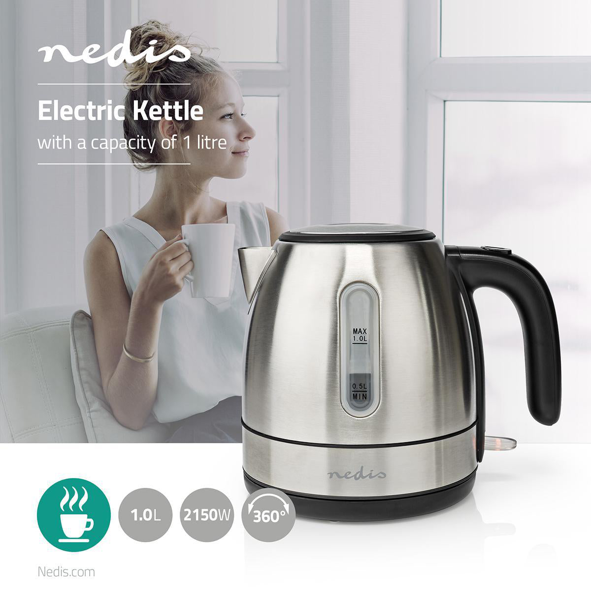 Edelstahl Wasserkocher 1l 2150W Kabellos 360° Drehbasis Strix® Controller