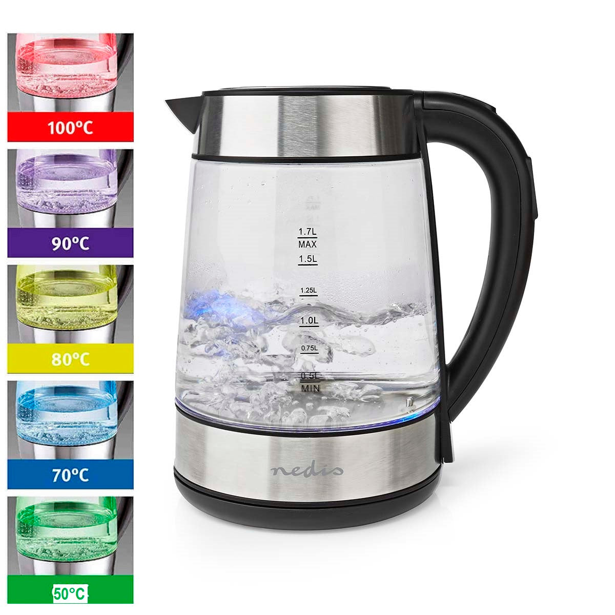LED Wasserkocher 1,7l 2200W Glaswasserkocher Warmhaltefunktion Edelstahl