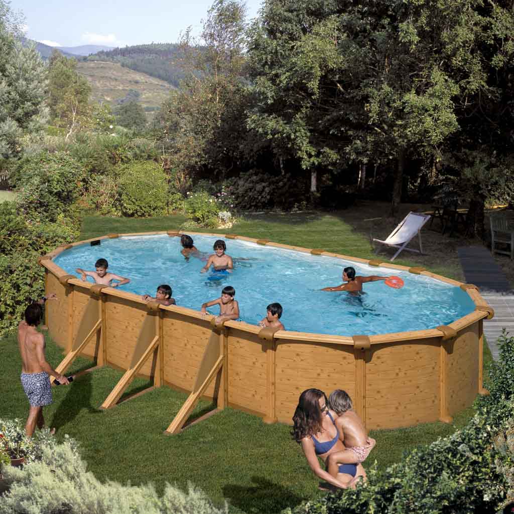 Pool 7,3x3,7x1,2m Holzdekor Stahlwand Schwimmbecken