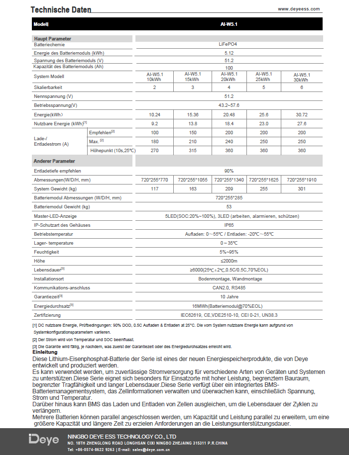 Deye AI-W5.1-B 20,4KW Batteriespeicher Niedervolt Solar Batterie 20400Watt