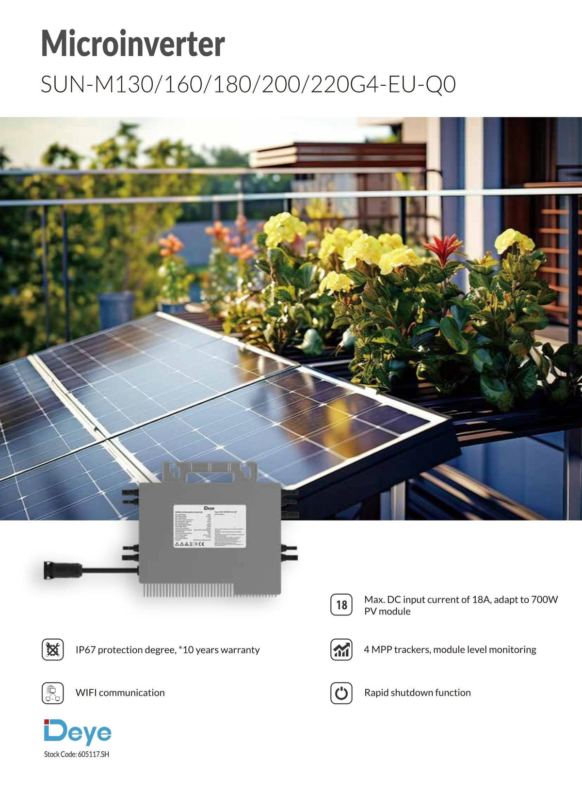 Deye Wechselrichter 2000W SUN-M200G4-EU WIFI  Balkonkraftwerk 5m Anschlusskabel