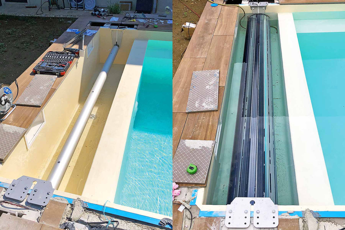 Rollabdeckung 7,0 x 3,50m elektrisch hellblau Rollenergy PVC-Lamellen