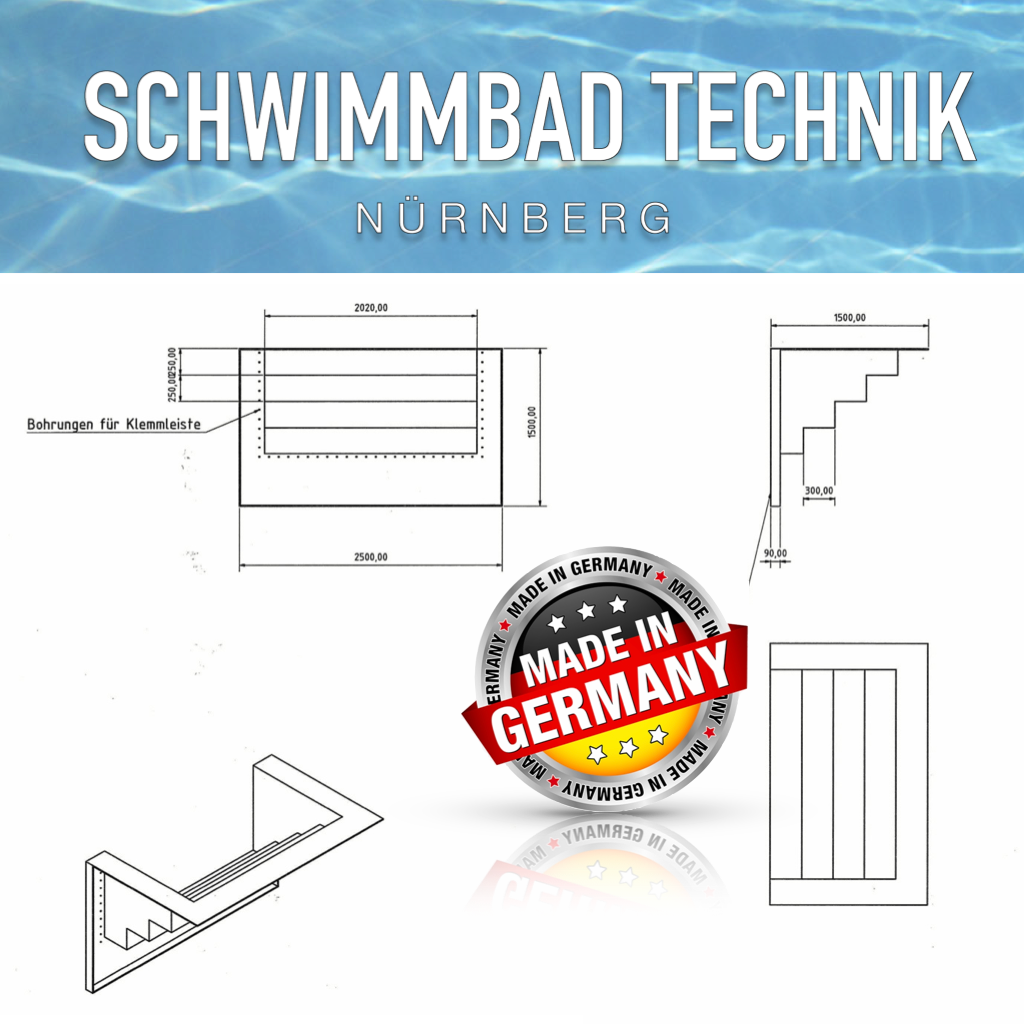 Pool 9m x 5m x 1,5m Rechteckig + Blaue Römertreppe rechteckig Styroporbecken
